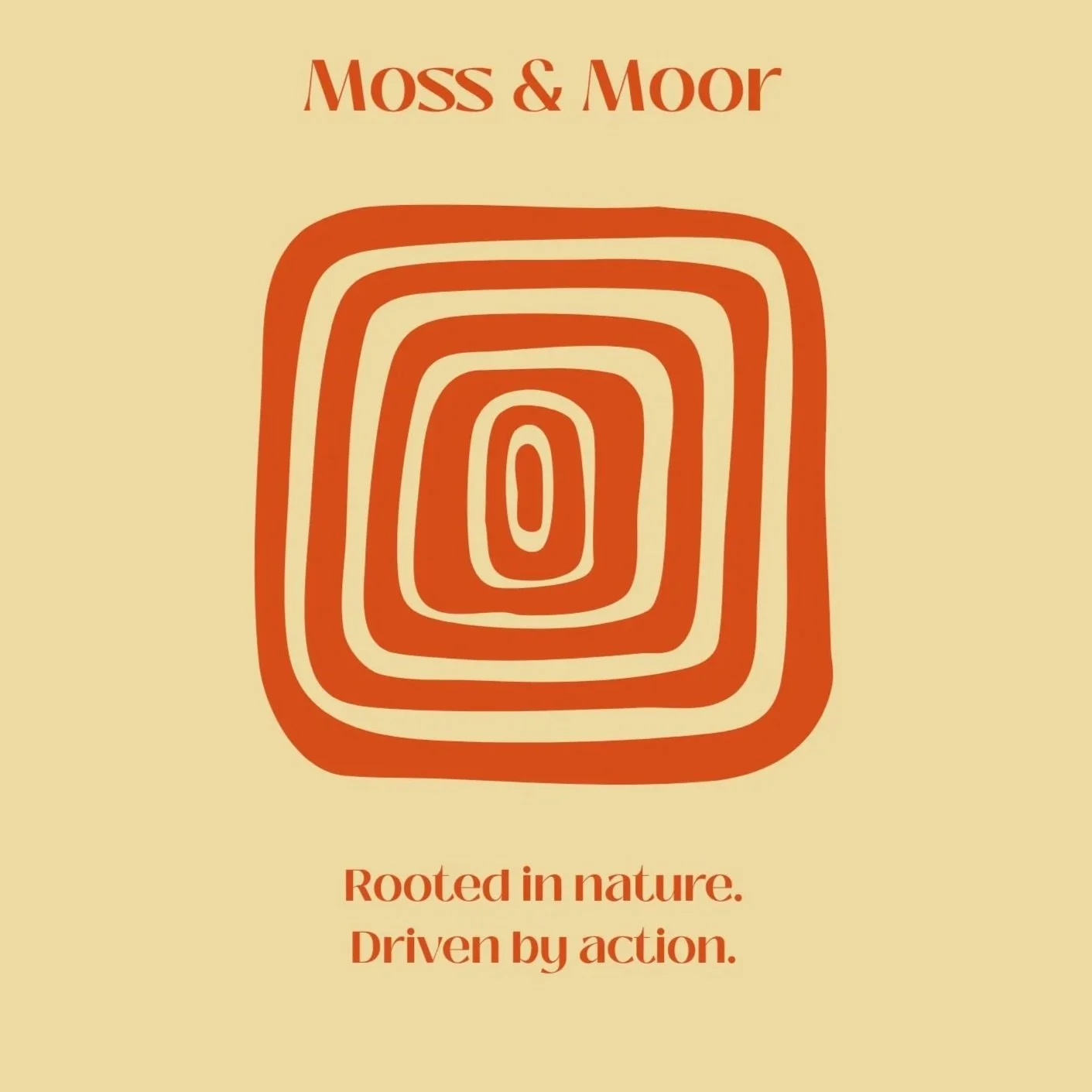 Graphic of a stylized tree ring pattern with the text 'Moss & Moor' above and the phrase 'Rooted in nature. Driven by action.' below.