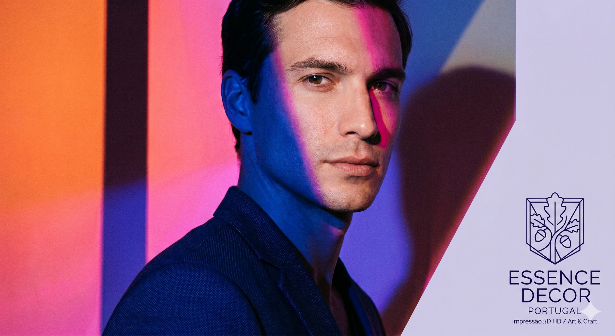 Retrato de um homem com cabelo escuro e pele clara, usando roupa escura, posando ao lado de um fundo com cores vibrantes azul, rosa e laranja, com o logo da Essence Decor Portugal e texto relacionado a impressão 3D, arte e artesanato.