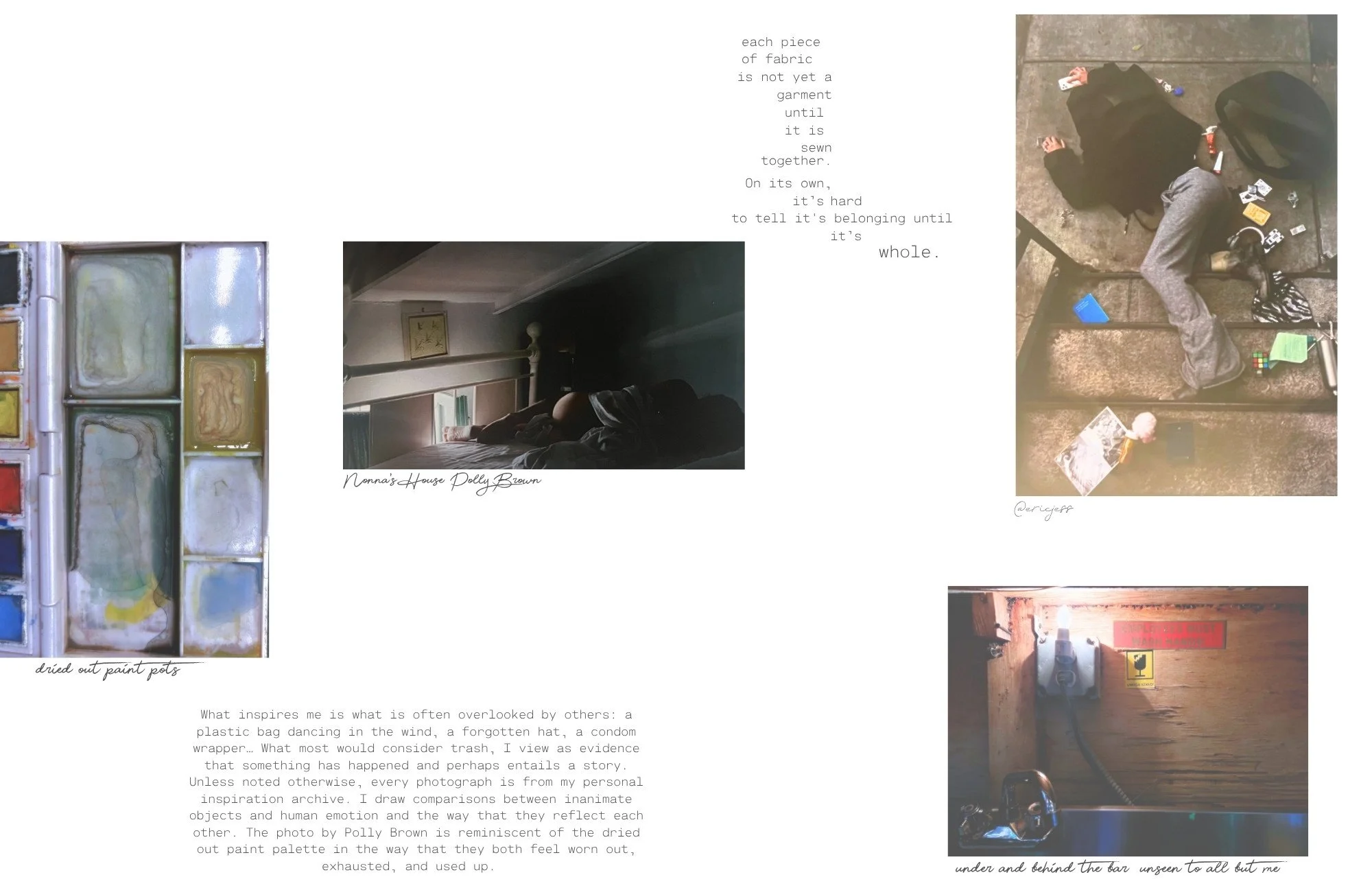 Various art and craft photos including dried paint pots, a person lying on a bed, a street performer, and a workspace with tools and materials, accompanied by text and handwritten notes.