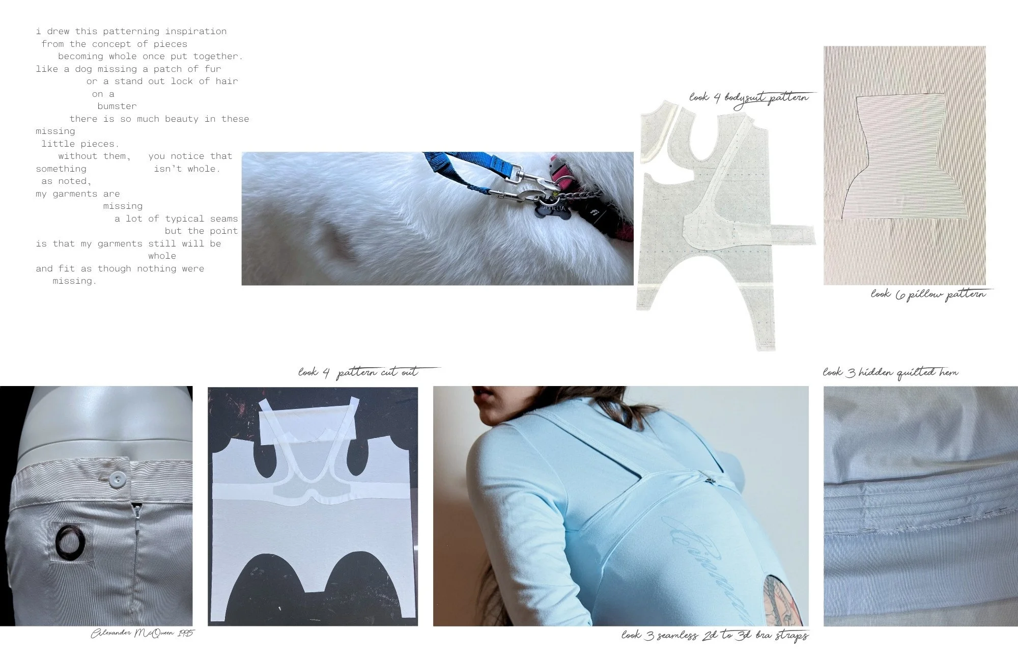 A pattern design inspiration sheet with text explaining pattern assembly. Contains a close-up photo of a dog's white fur with a harness, sketch patterns for a bodysuit and pillow, fabric textures, and photographs of a model in a light blue top and fa