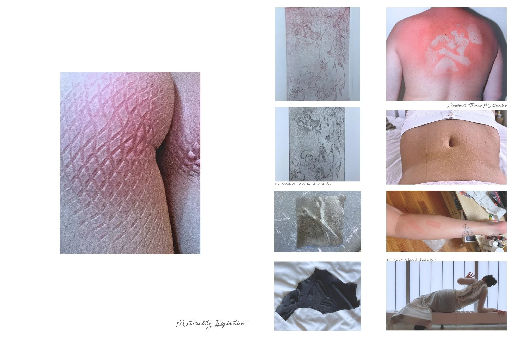 Collage of images showcasing various textures and materials used in art and design. Includes close-up of textured pink material, sketches of woman and floral designs, a person with a painted back, a person lying on the floor with a dog, and different