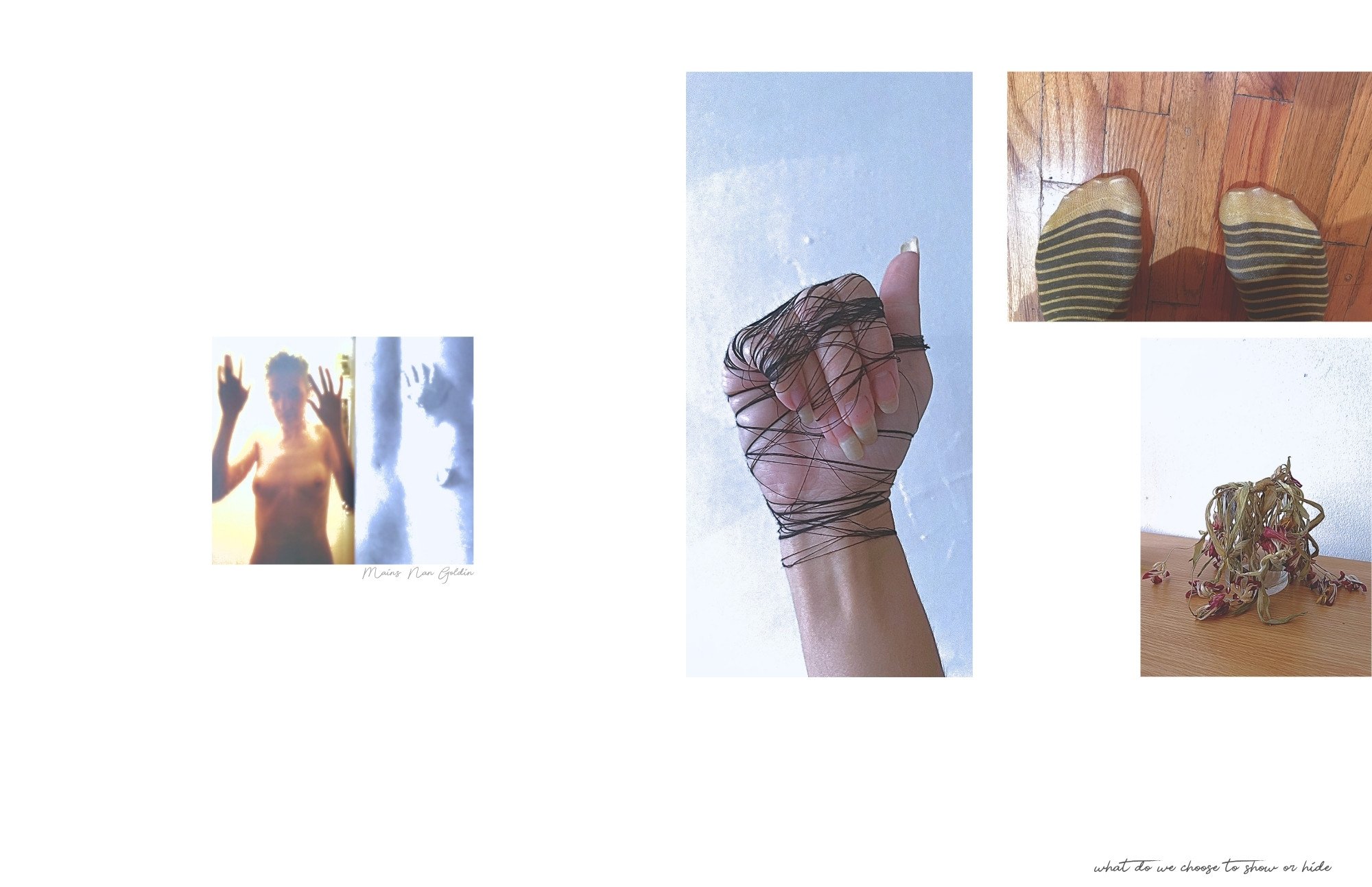 Collage of five images: a person with their hands pressed against a window, a hand holding a small object against a blue sky, a person in striped socks standing on a wooden floor, a person with long hair wrapping black strings around their hand, and 