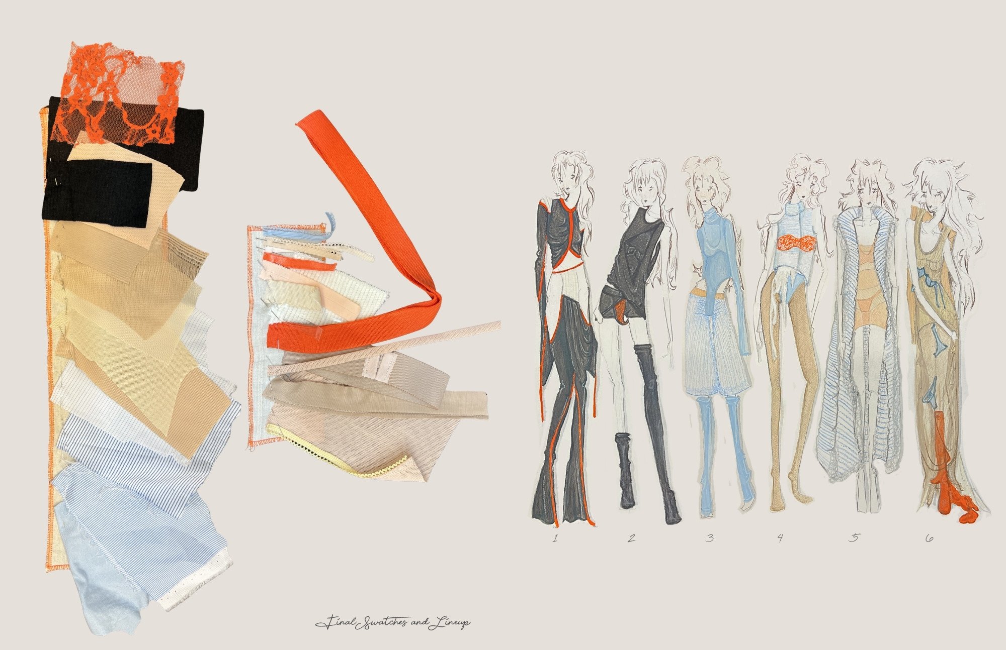 Swatches of fabric and sketches of fashion designs on a board, showing a progression of styling concepts.