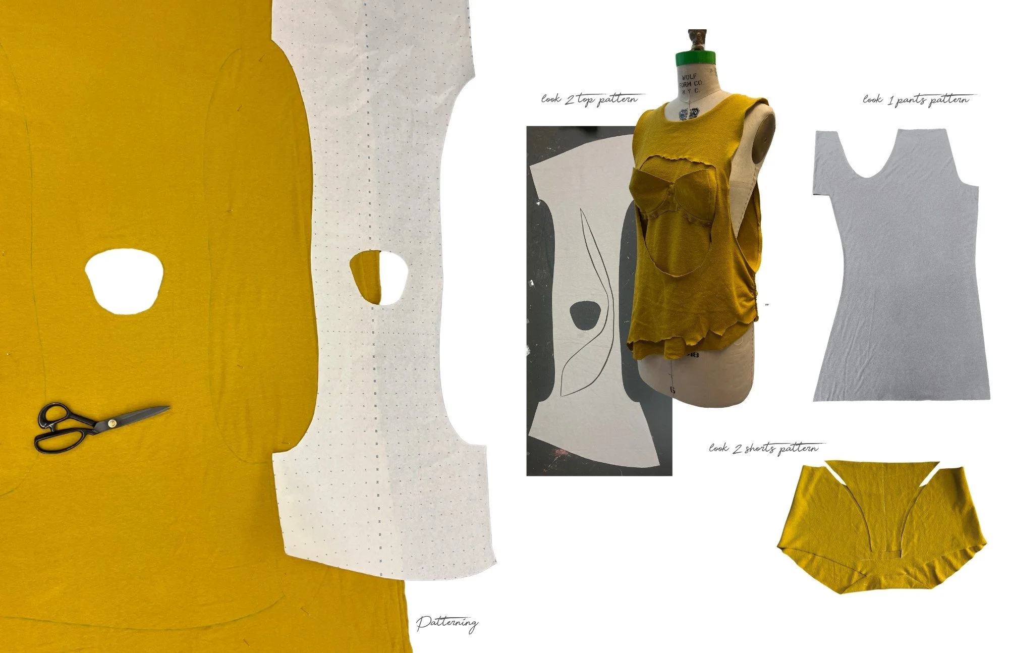 A dress pattern with yellow fabric pieces on a yellow table, sewing scissors, and fabric swatches. A dress form displays a partially constructed top made from yellow fabric, with different pattern paper pieces labeled for patterning and shorts.