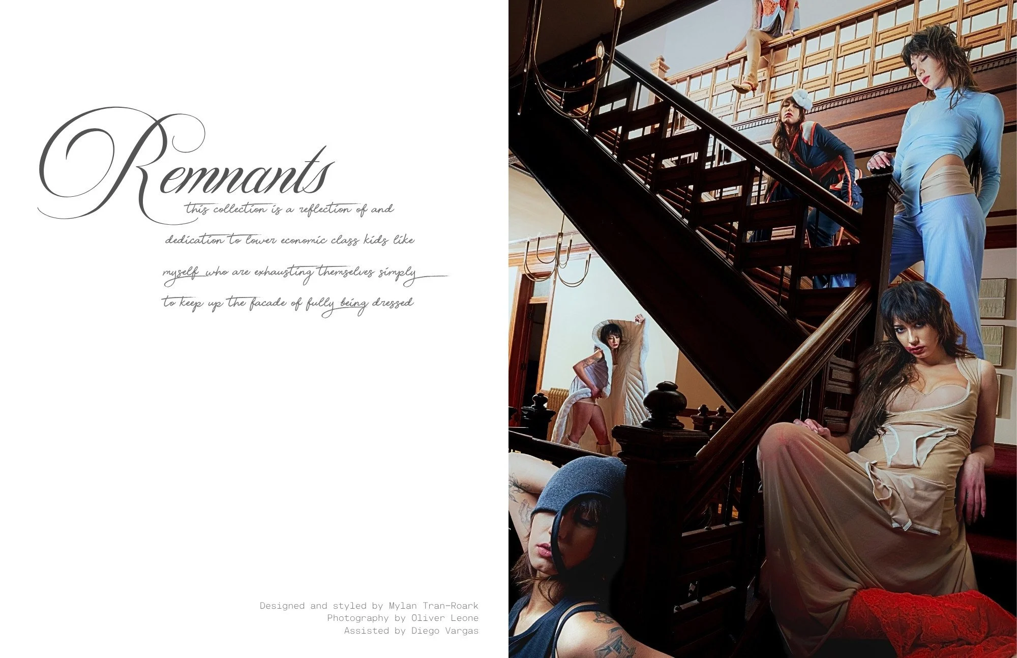 A group of women dressed in vintage fashion inside a grand wooden staircase with large windows letting in natural light.