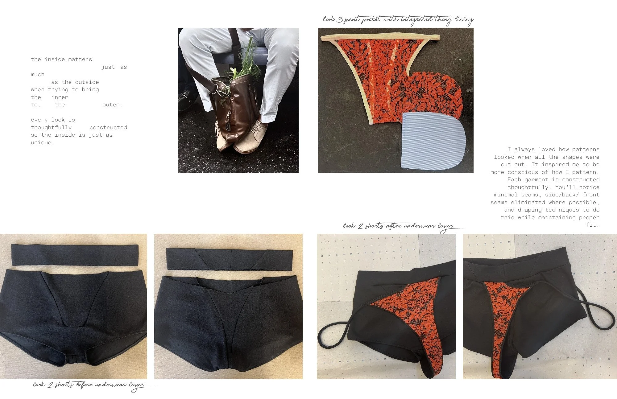 A person sitting on a bench with a brown bag and tan shoes, next to fabric swatches and clothing items, and a close-up of lace fabric and underwear with black and orange patterns.