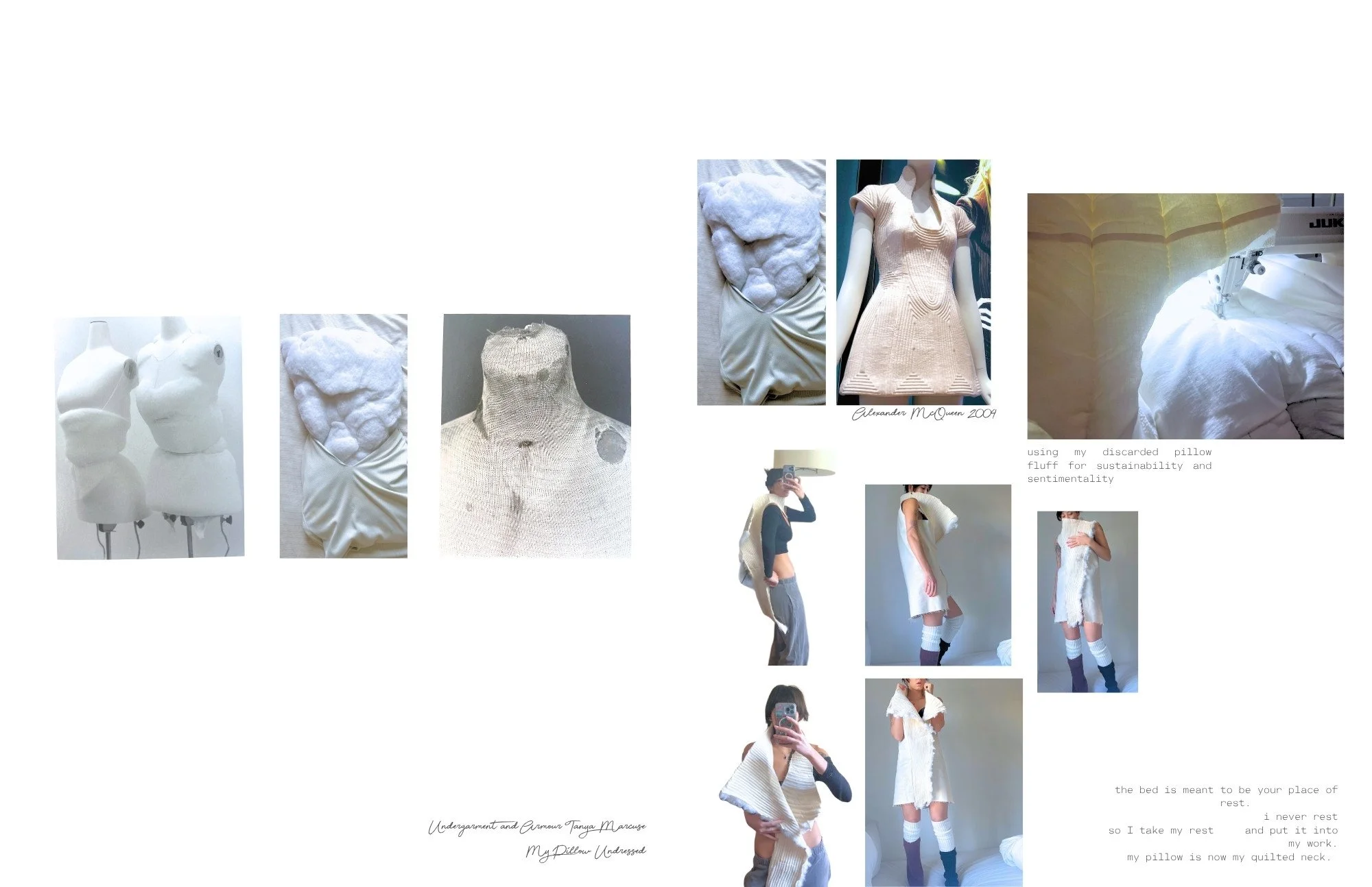 A collage of images showing white clothing, pillows, and mannequins, with a person taking mirror selfies, accompanied by handwritten captions about clothing and rest.