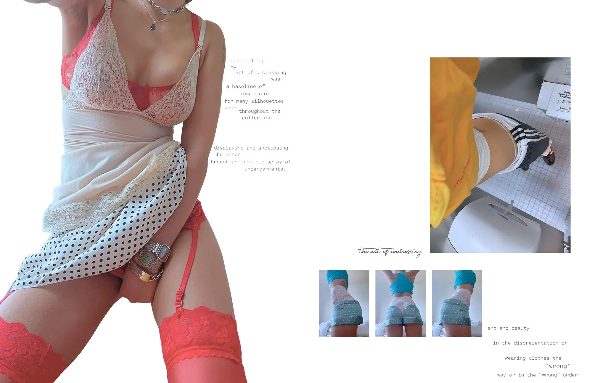 A collage of photos displaying various underwear and lingerie, with text discussing the art of undressing and the disorientation of wearing wrong way or incorrect order.