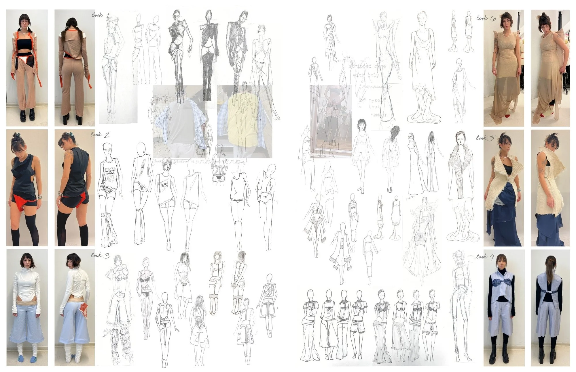 Compilation of fashion sketches and photographs of female models showcasing various clothing designs in a fashion design process.
