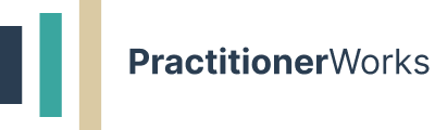 Logo with the text 'PractitionerWorks' and a vertical blue bar.