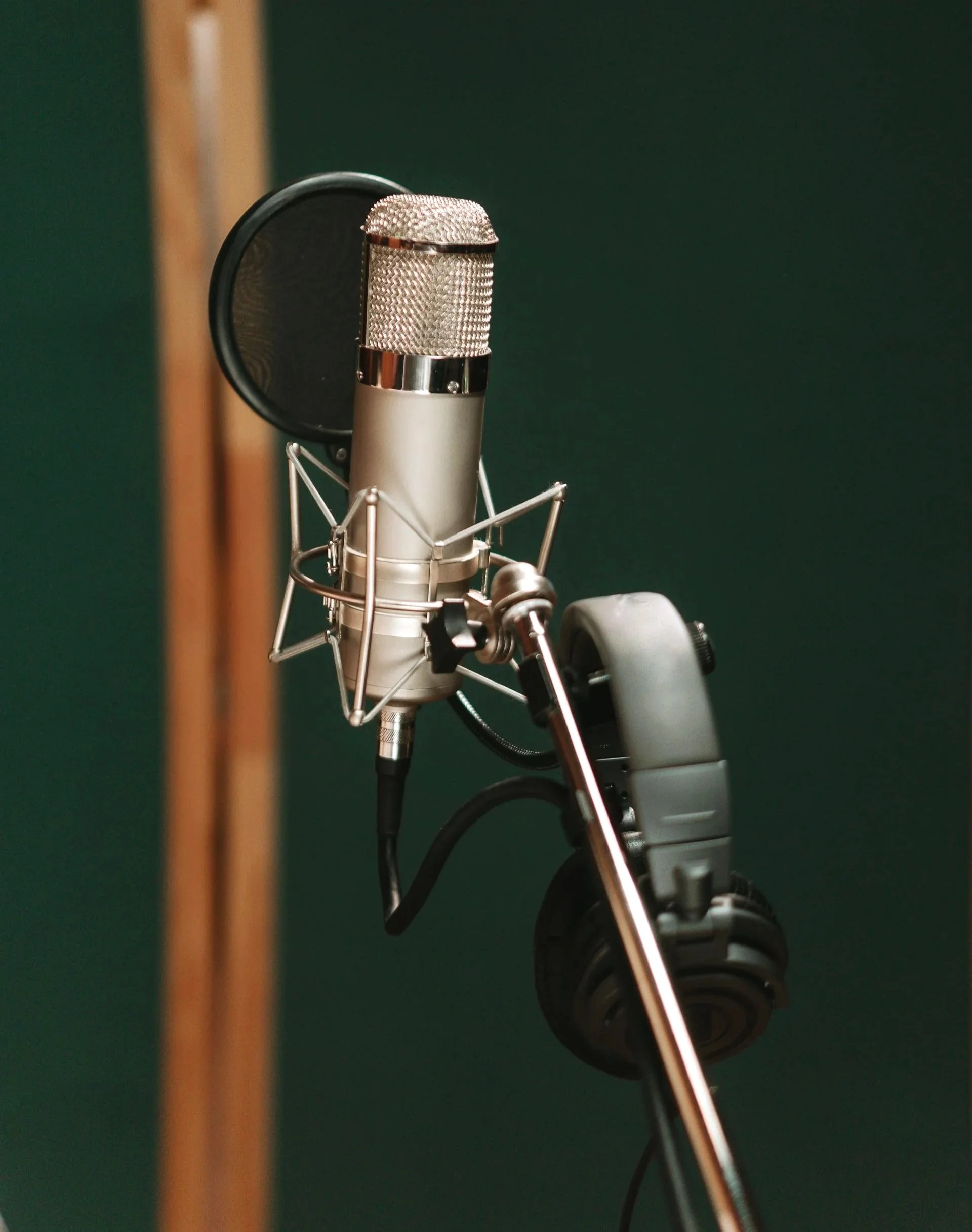 Close-up photo of a professional studio microphone with a pop filter and suspension shock mount, set against a green background.