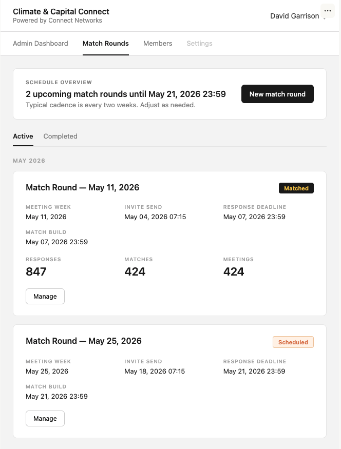 Screenshot of a dashboard with a menu bar for admin, match rounds, members, and settings. Shows upcoming match rounds, with details of two scheduled match rounds, including dates, invite send dates, response deadlines, match build dates, responses, matches, and meetings, along with management buttons.
