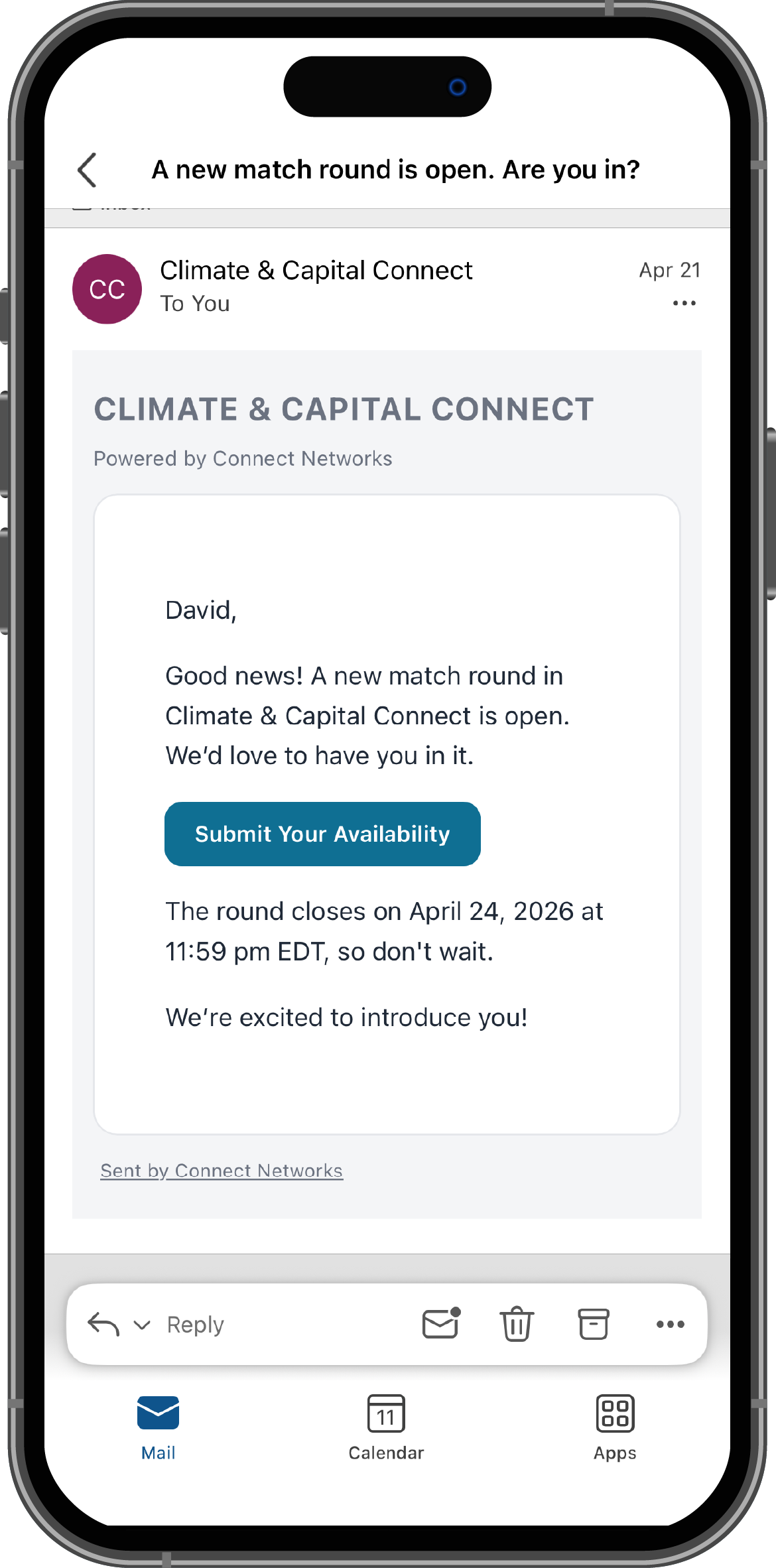 Email notification on a smartphone screen about a new match round opening on Connect Networks, encouraging the recipient to submit their availability before the deadline.