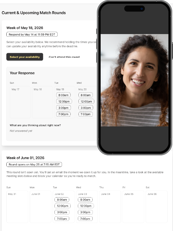 Screenshot of a scheduling website showing current and upcoming match rounds, and a smiling woman with curly hair on a video call.