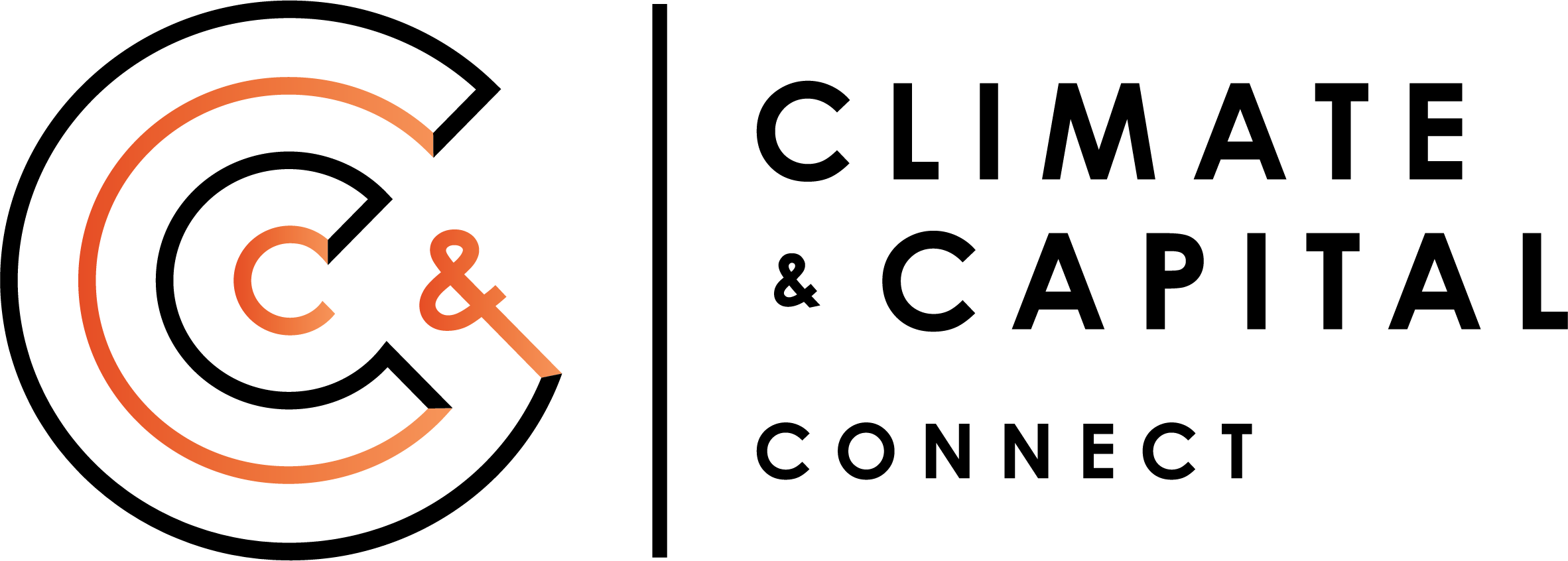 Close-up of a logo with a stylized orange letter 'C' and an ampersand forming part of the letter, followed by black text: "Climate & Capital Connect"