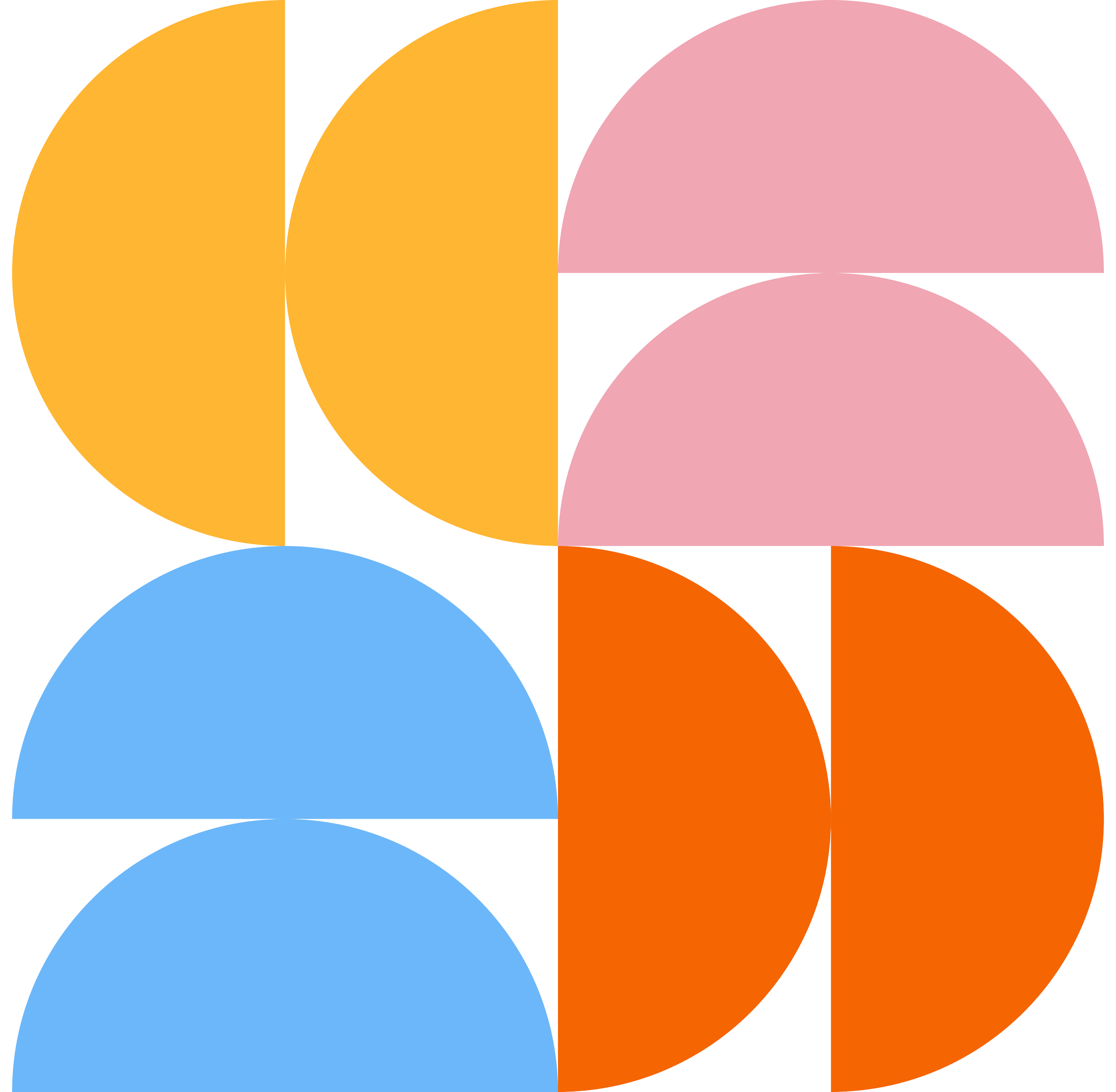 A colorful abstract geometric pattern featuring large semicircles and quarter circles in various shades of orange, pink, blue, and black.
