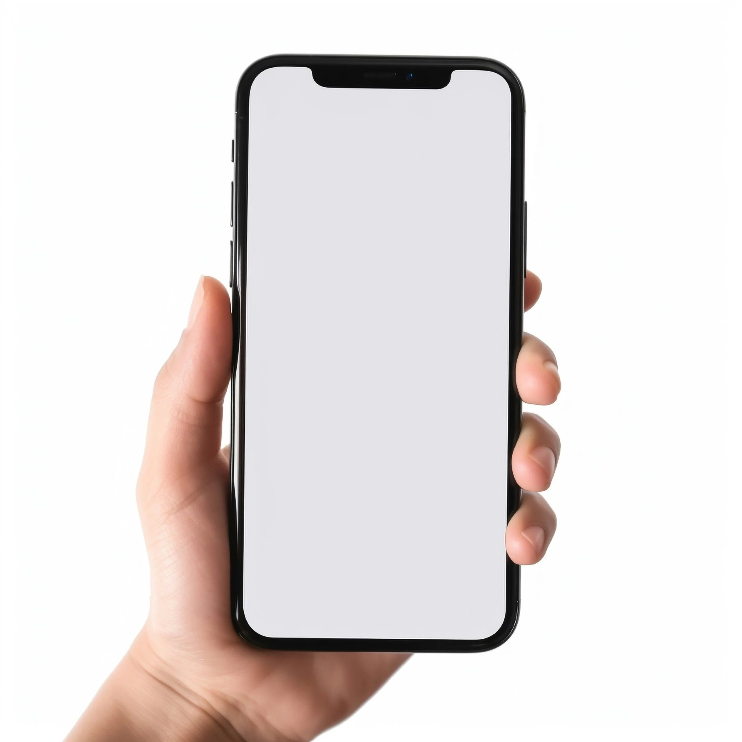 A person is holding a smartphone with a blank white screen and a black frame against a white background.