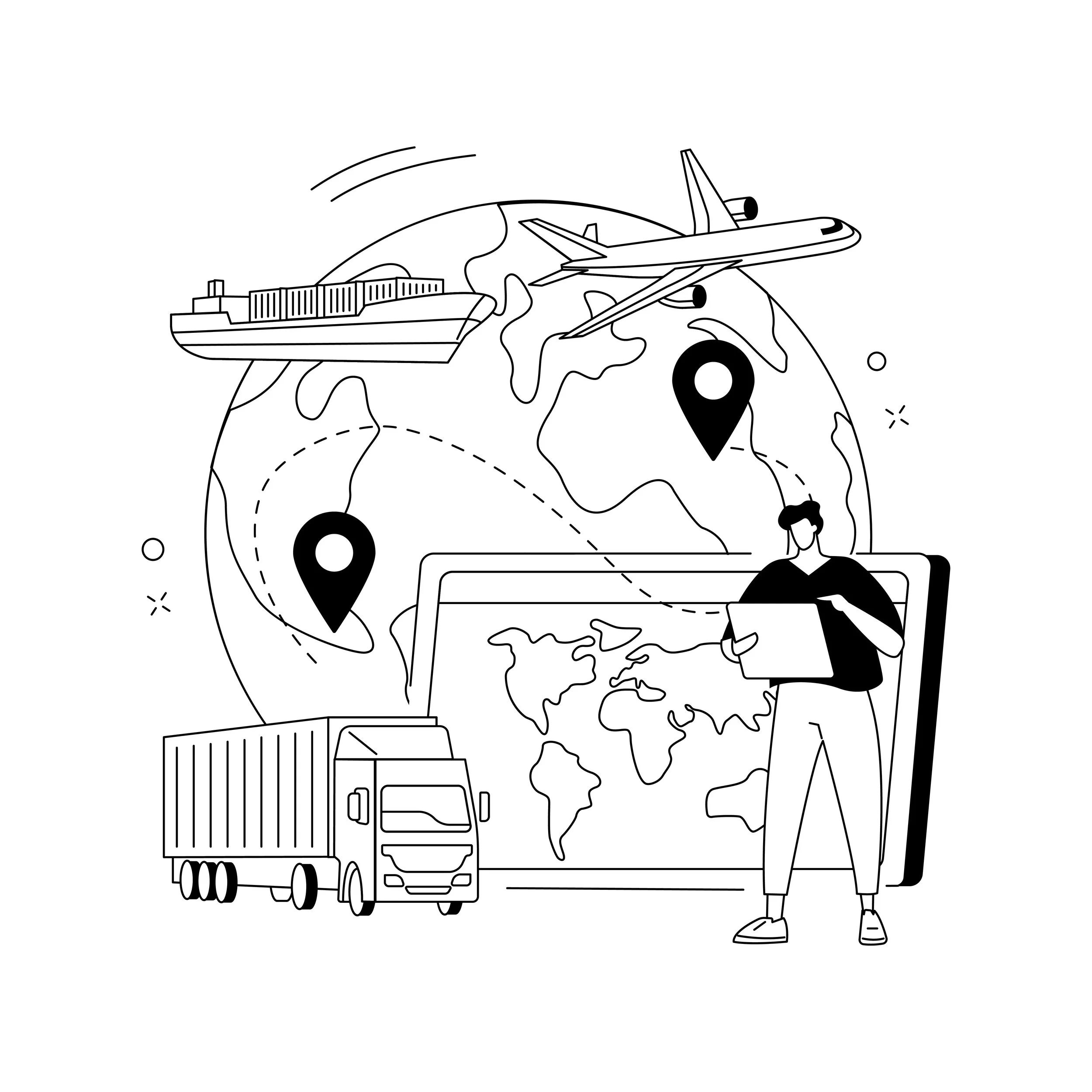 A black and white line drawing of a woman standing next to a large globe with a paper map, while a truck, ship, and airplane fly around the globe, representing various modes of transportation.
