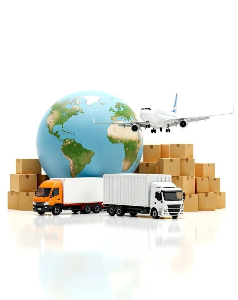 Globe with airplanes, trucks, and boxes representing global transportation and logistics.