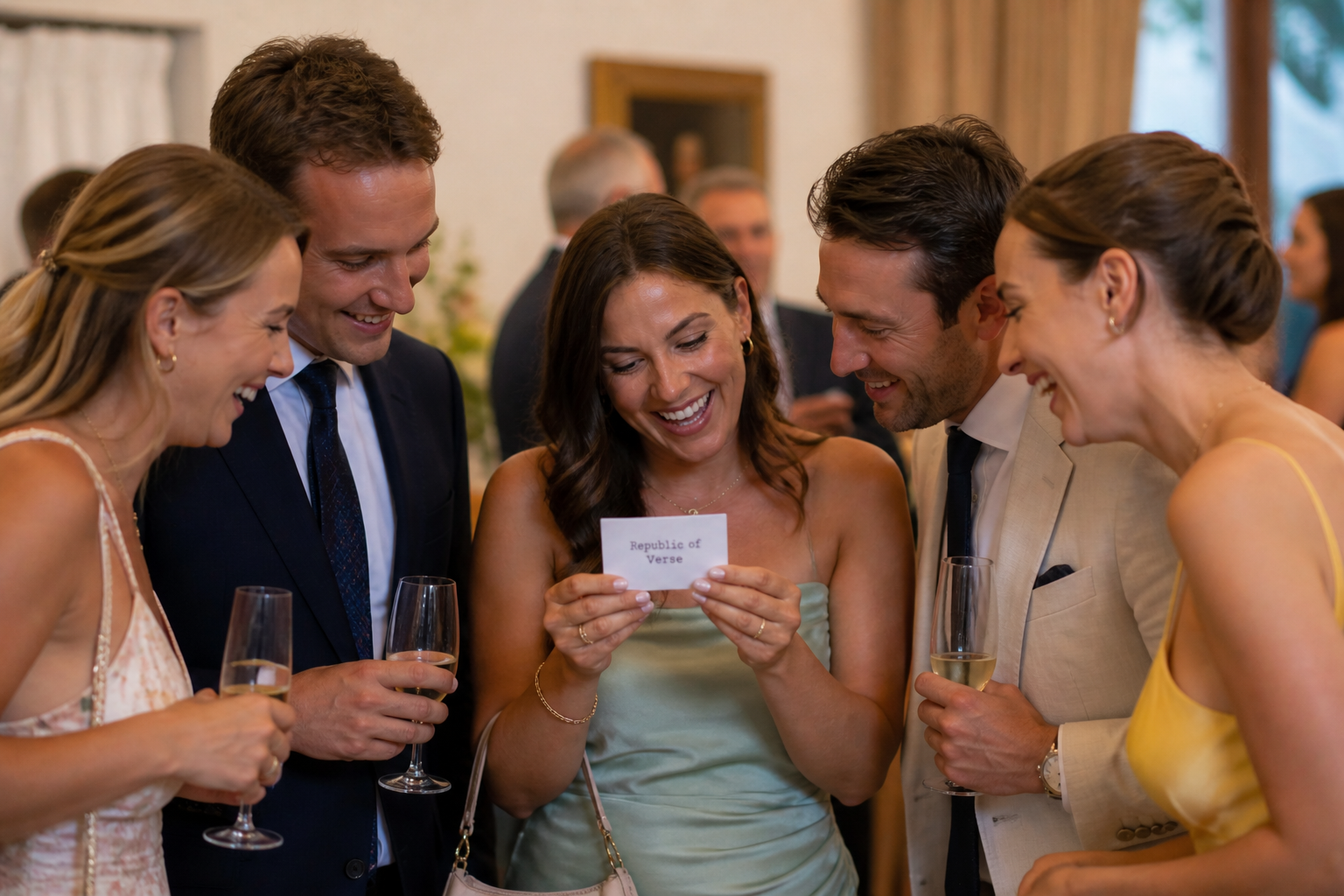 Group of six adults at a celebration, smiling and looking at a card labeled "Republic of Verse" while holding champagne glasses.