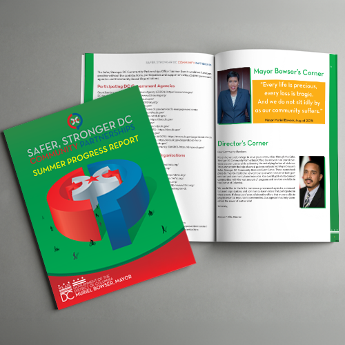 A colorful community partnership summer progress report booklet with a puzzle piece illustration, alongside an open magazine featuring Mayor Bowser's Corner and Director's Corner.