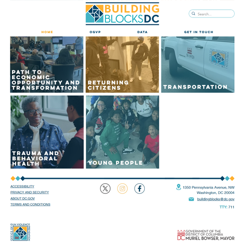 Homepage of BuildingBlocksDC website with sections for Path to Economic Opportunity and Transformation, Returning Citizens, Transportation, Trauma and Behavioral Health, Young People; logo and navigation menu at top; contact info and social media links at bottom.