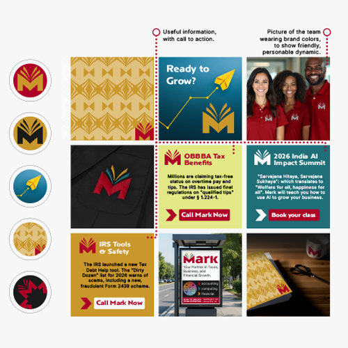 A collage of seven informational graphics. The top left features three circular logos with abstract letter 'M' designs in red, black, and gold. The second row shows a pattern of gold triangles on a gold background with a red corner logo. The third row has a blue sign with a paper airplane icon and text 'Ready to Grow?', a yellow, red, and black logo with a call to action to 'Call Mark Now', and a sign showing a photo of three people in team shirts. The bottom row contains a red and yellow sign about tax benefits, a sign advertising a Women Impact Summit, a black and red logo for IRS Tools & Safety, and a photo of a document with a pair of glasses on a wooden table.