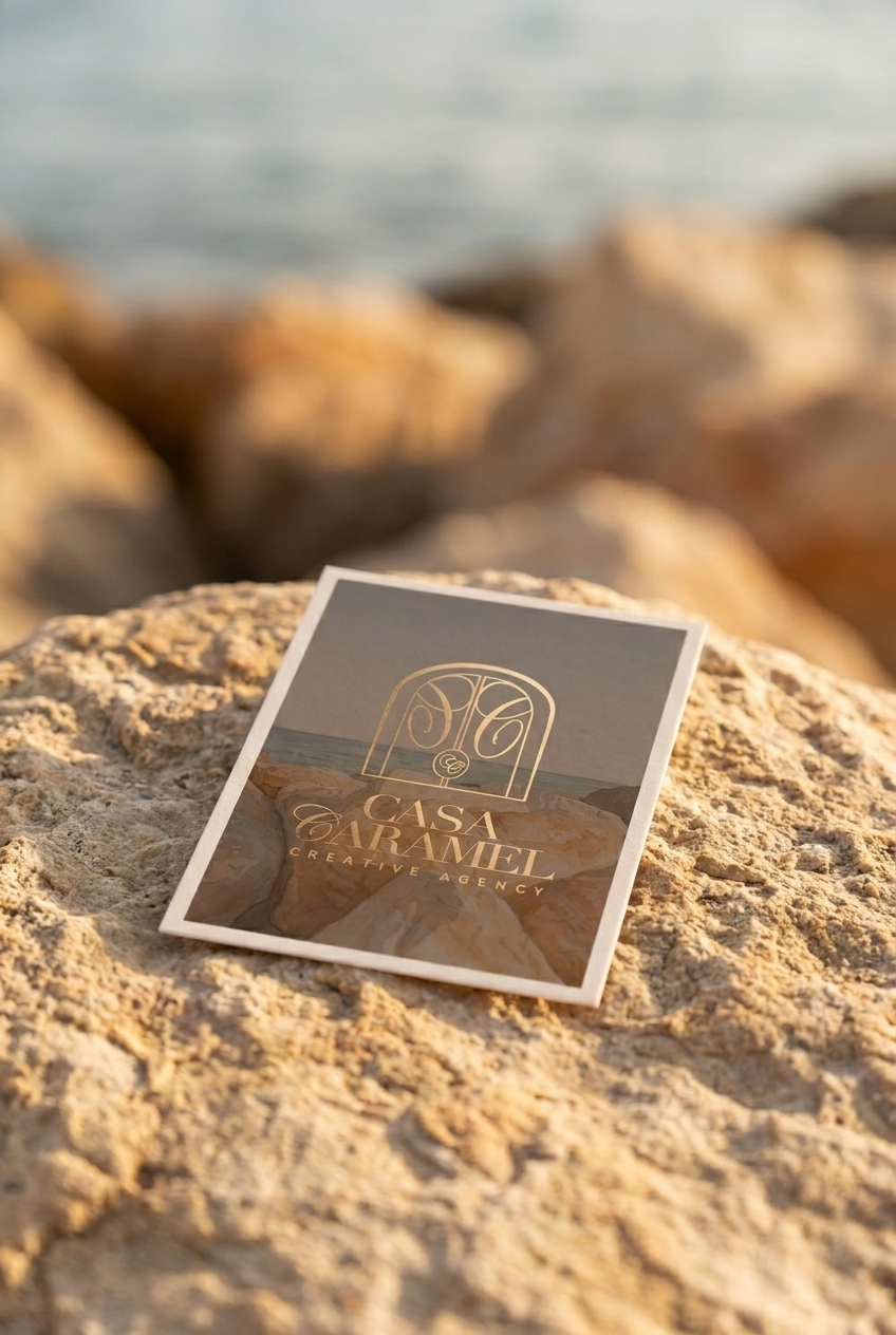 A business card for Casa Caramel Creative Agency resting on a rocky surface by the water.