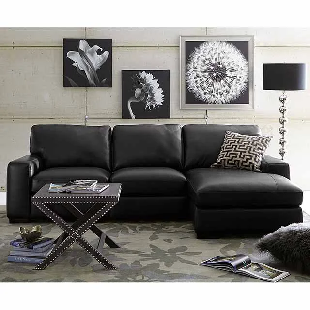 Modern living room with black leather sectional sofa, patterned throw pillow, black and white floral artwork on the wall, black floor lamp, decorative table with books, and an area rug.