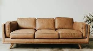 Tan-colored sofa with three cushions in a room with white walls and a potted plant in the background.