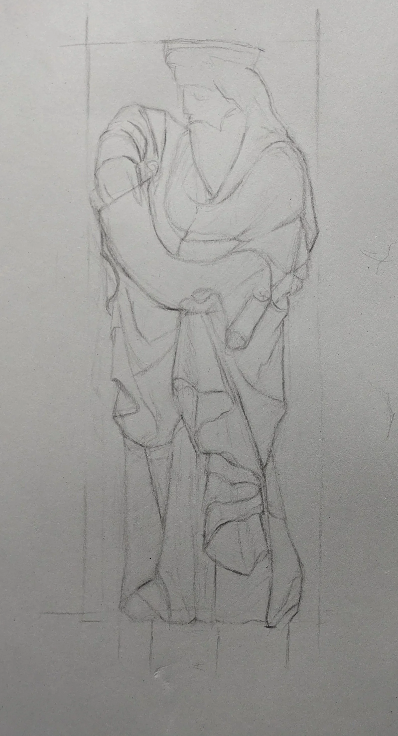 a line drawing with simple shading of an ivory figurine from the late gothic period. The figurine has heavy drapery and is holding a scroll