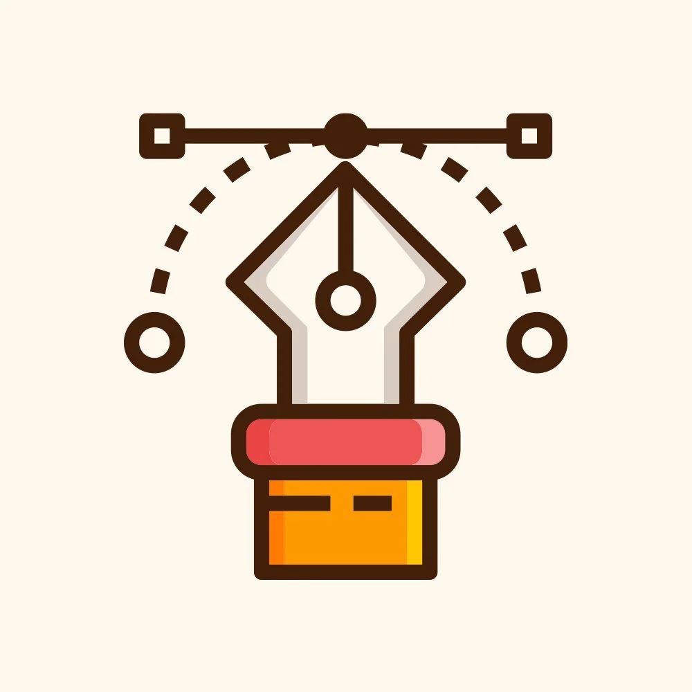 Digital illustration of a hand holding a pen, with a pencil shape forming the hand, stylized with geometric design, and unit points around it indicating design or editing process.