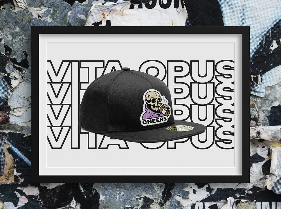 Vita Opus custom snapback hat with skeleton sipping coffee graphic