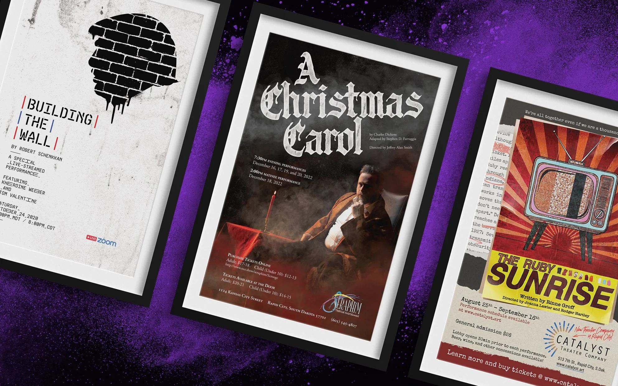 Several event posters and flyers are spread out on a purple-speckled surface, announcing different performances and events.