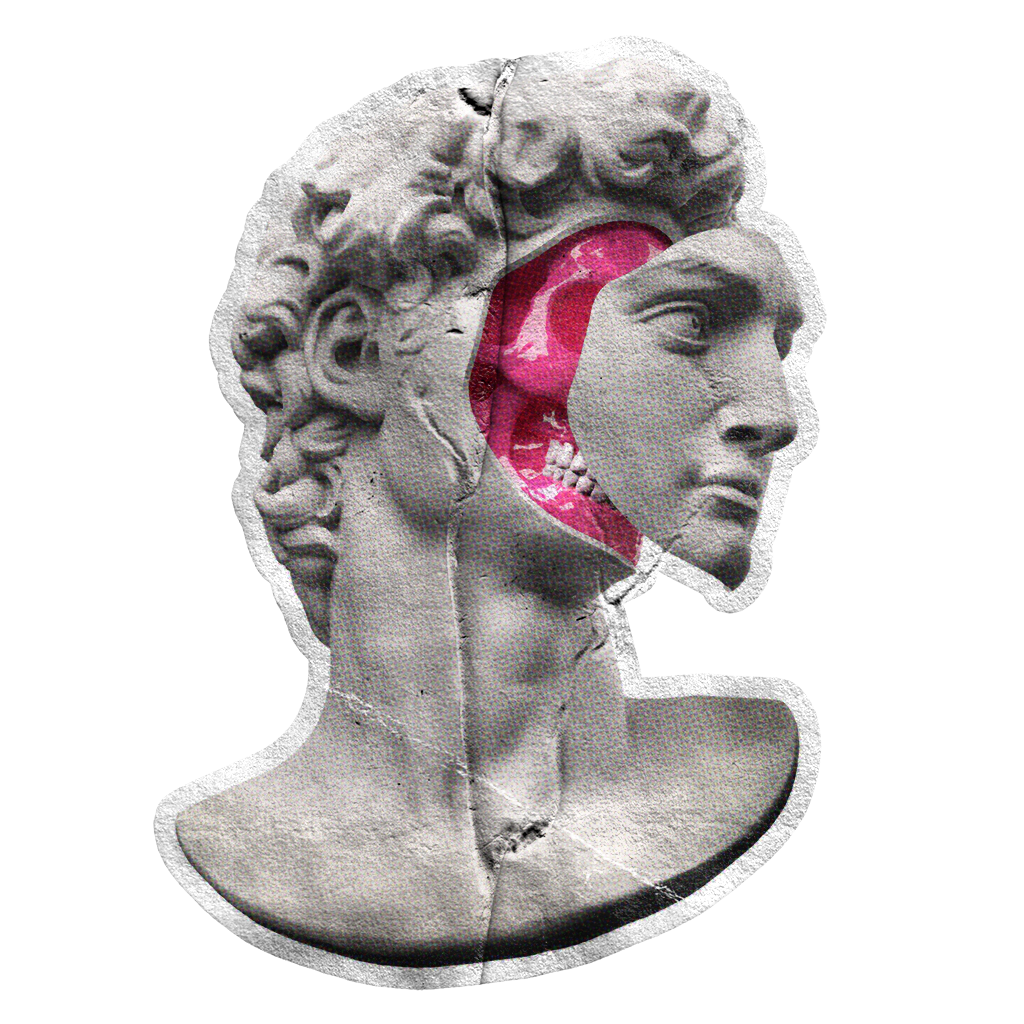 A grayscale bust sculpture with a pink, semi-transparent overlay showing a skull inside.