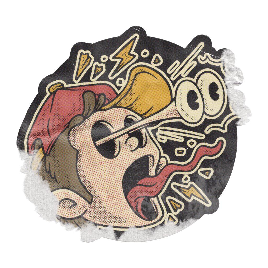 Cartoon sticker of a surprised person with an open mouth, tongue out, wearing a red hat and yellow hair, with exaggerated eyes, and animated lightning and storm symbols around their head.