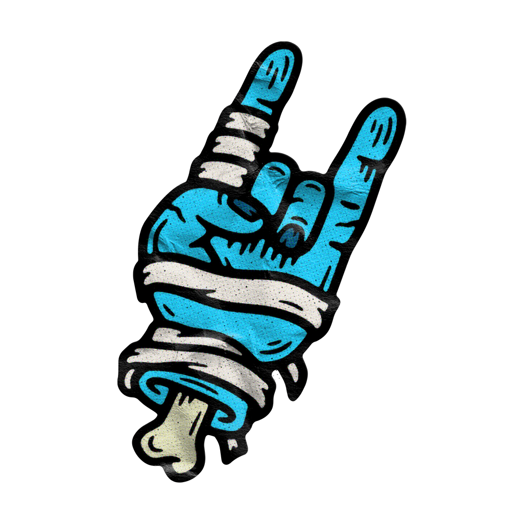 A stylized illustration of a blue hand making the rock and roll sign, wrapped with a white cloth or wristband on a black background.