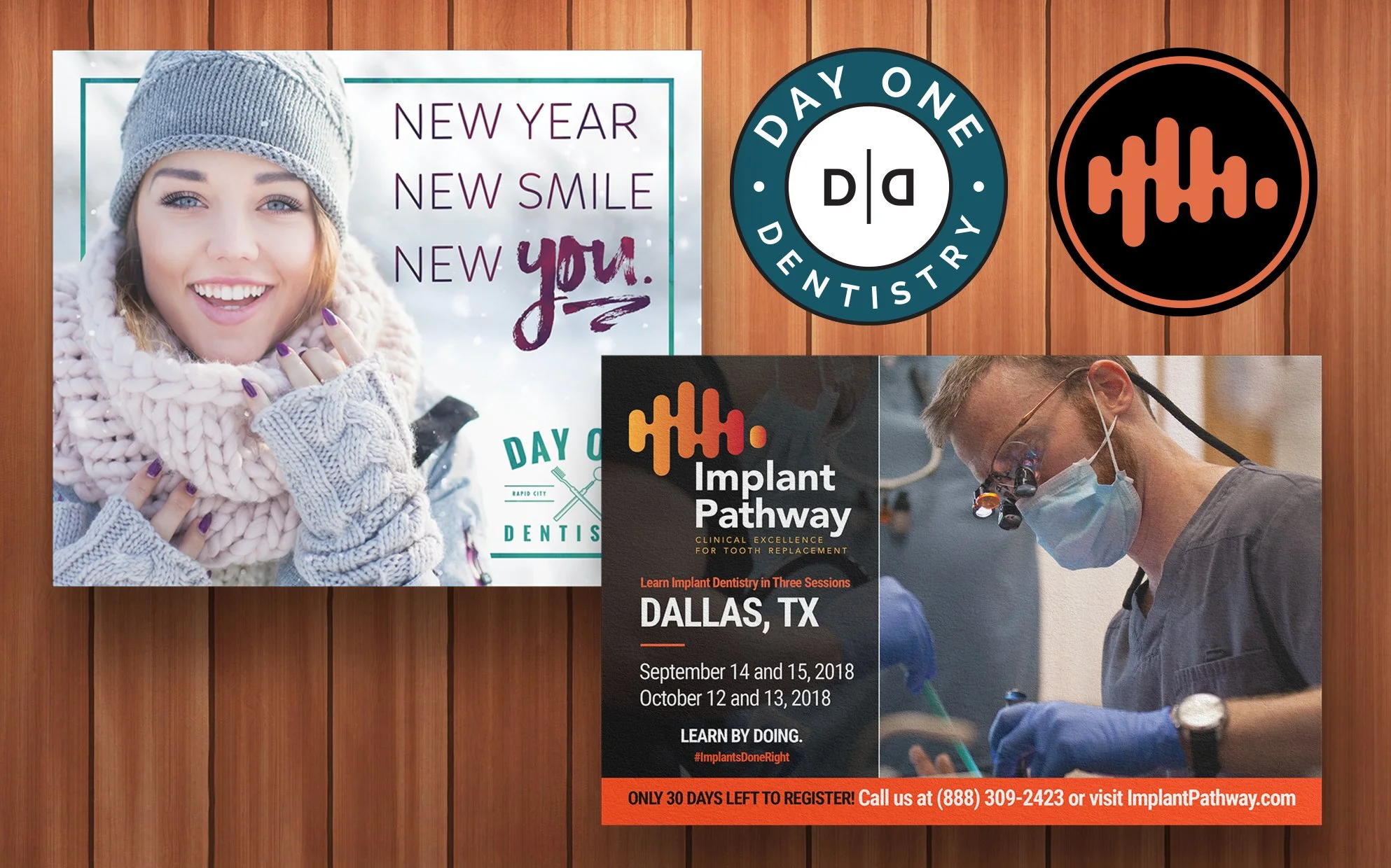 Various promotional flyers and advertisements on a wooden surface. The main flyer features a smiling young woman in winter clothing with a background of snow, with text that reads "New Year, New Smile, New You." Other flyers promote dental implant pathways, a dental event in Dallas, Texas, in September and October 2018, and contact information with a call to action at the bottom, including a message about limited registration time.