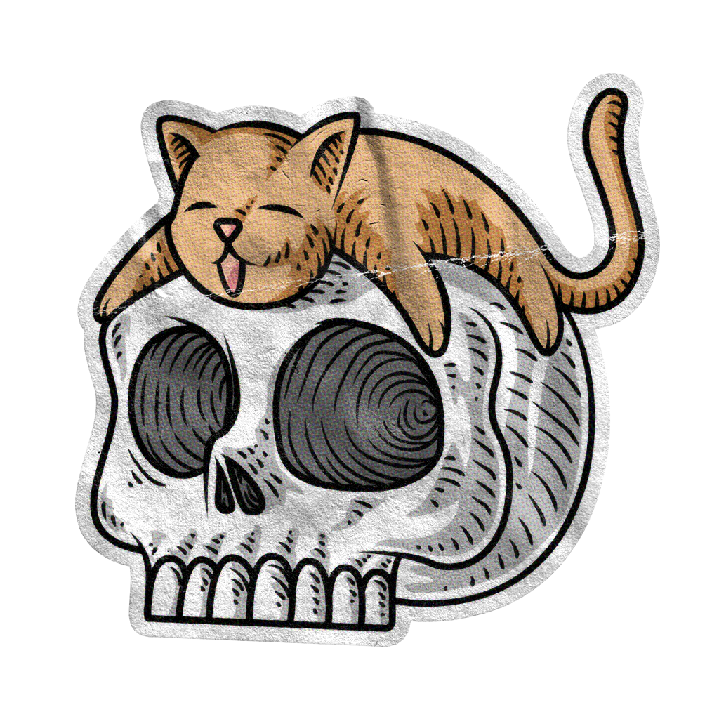 An illustration of a happy kitten lying on top of a human skull.