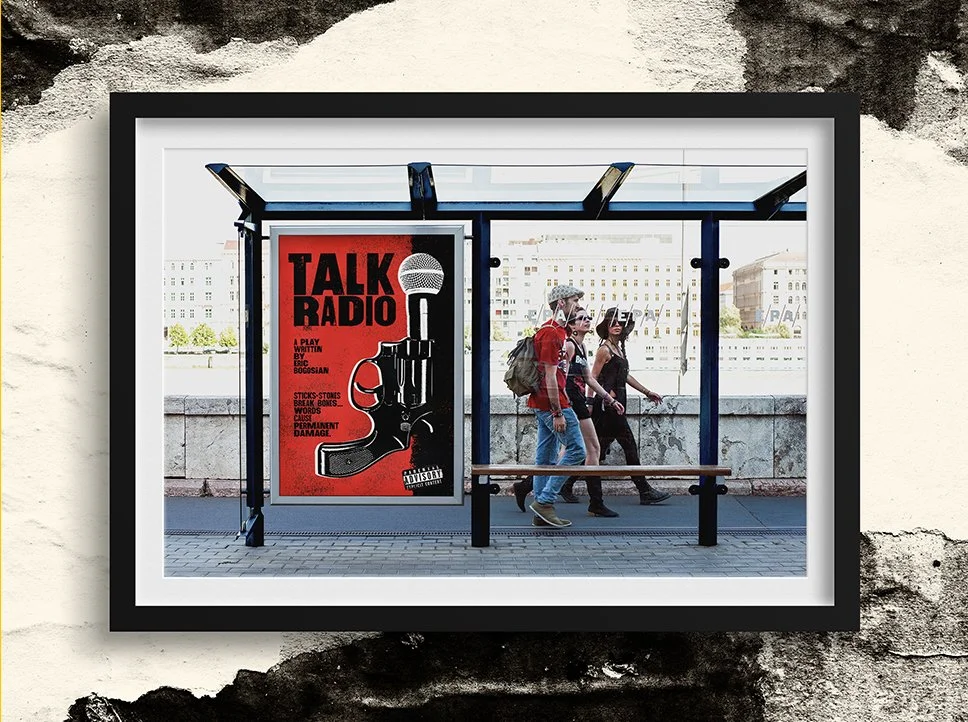 Group of friends walking past large signage advertising upcoming play