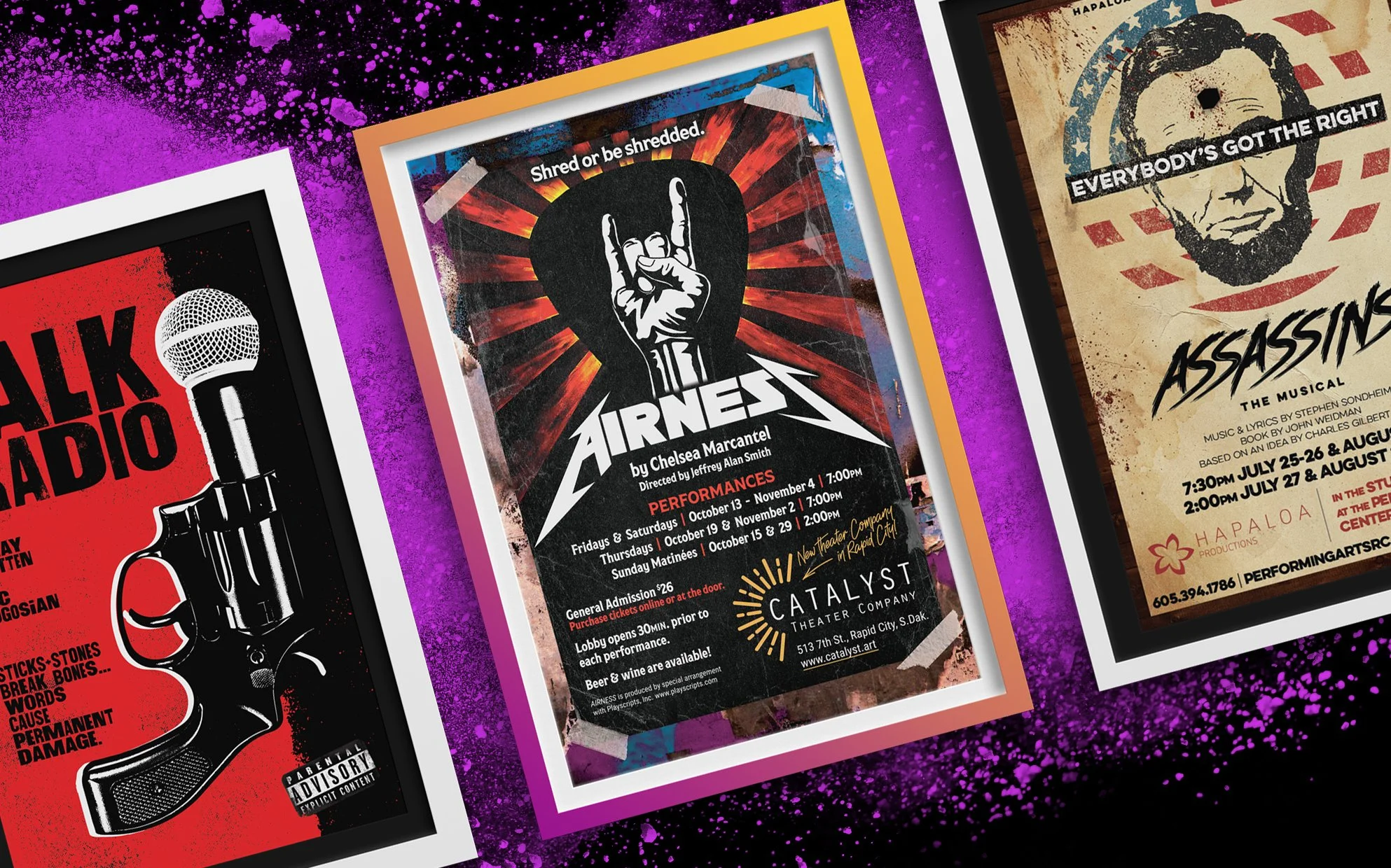 Close-up of three vibrant posters with bold graphics and text, partially overlapping each other, against a colorful splattered background.