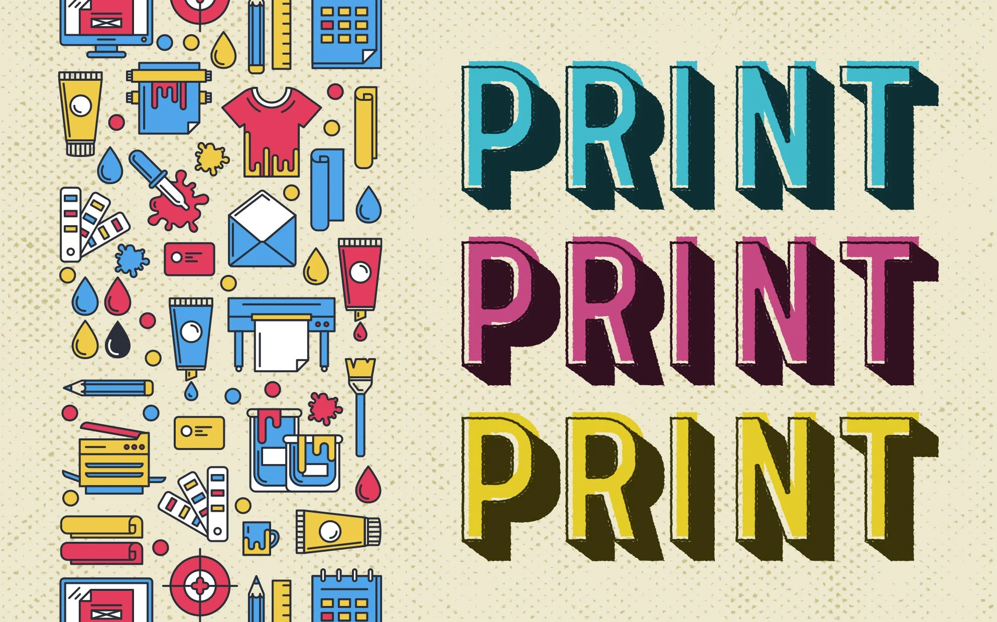 A colorful graphic design with various art supplies and printing items on the left side, including paint tubes, droppers, brushes, pens, paper, and ink splashes, with the words 'PRINT', 'PRNT', or similar appearing in bold, shadowed letters on the right side.