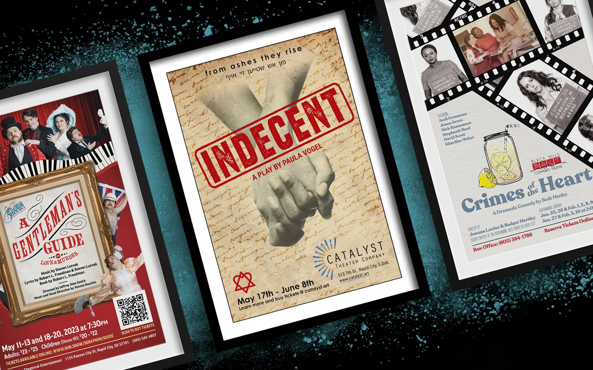 Close-up of theater and event posters, including play advertisements for 'Indecent,' 'A Gentleman's Guide to Love & Murder,' and 'Crimes of the Heart,' with various images, text, and QR codes on black background with teal paint splatters.