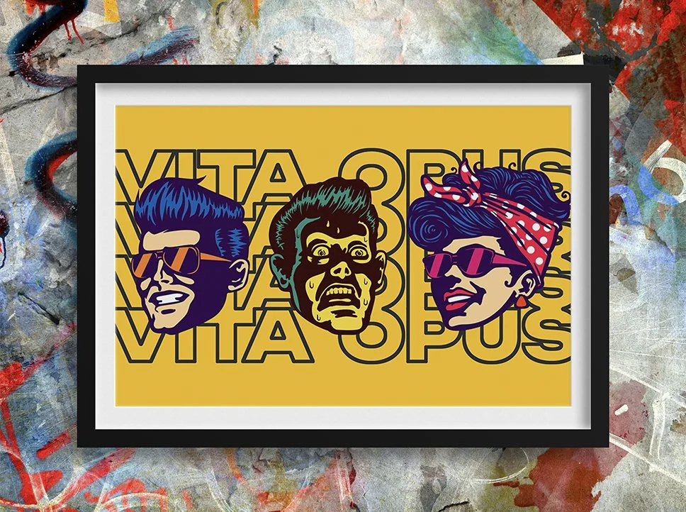 Three expressive faces reacting to brand strategy with Vita Opus in the background