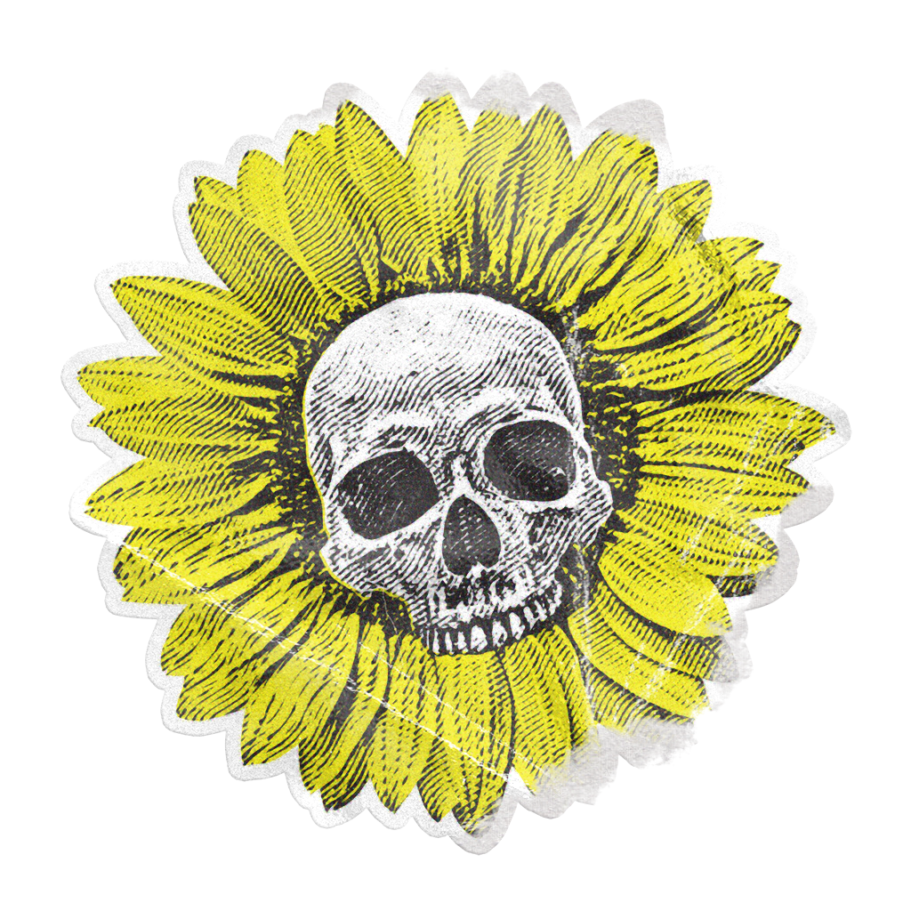 Sticker of a skull with a sunflower background.