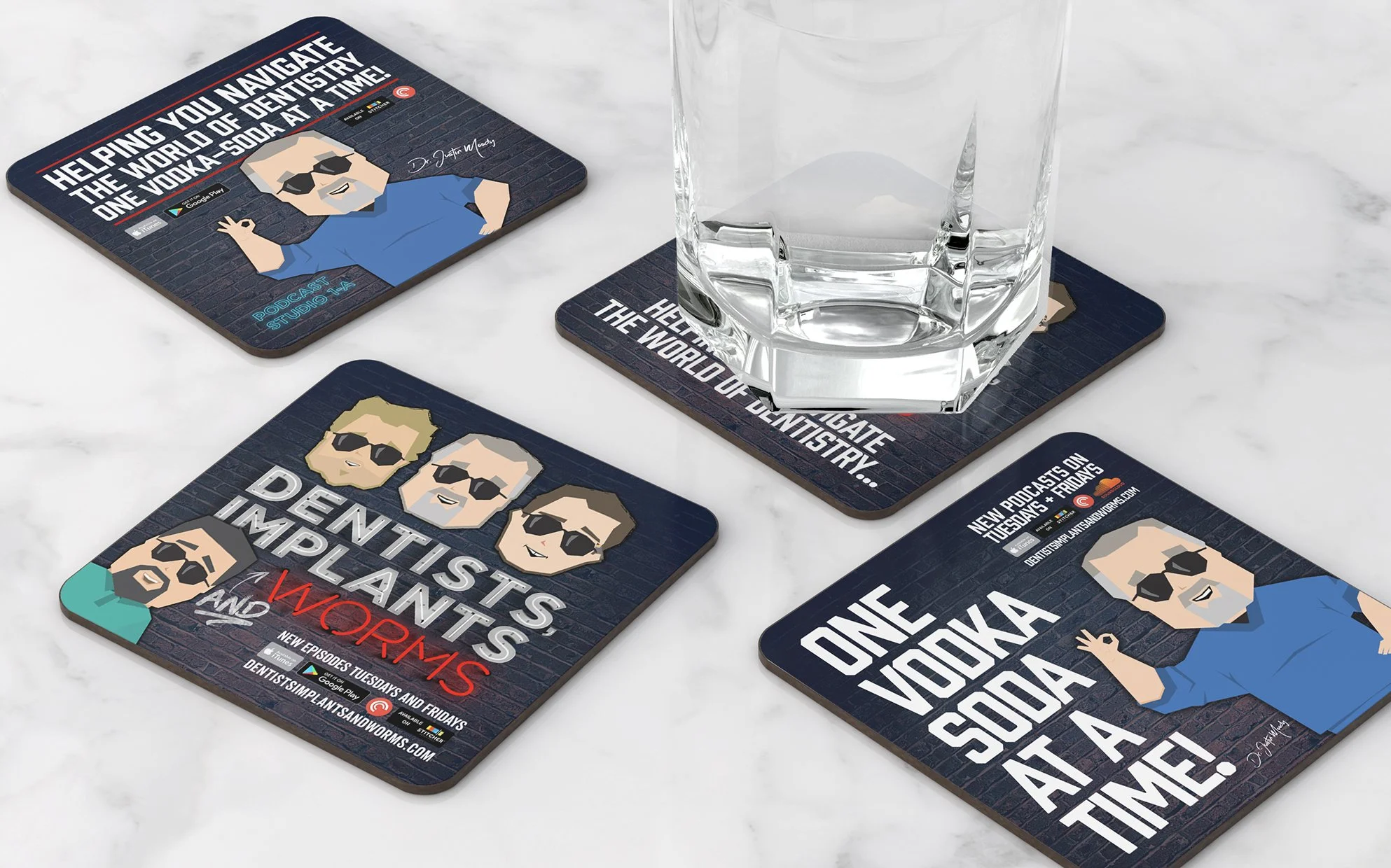 Coasters promoting a podcast about dentistry, featuring cartoon illustrations of team members, with one coaster beneath a glass of water on a white marble surface.