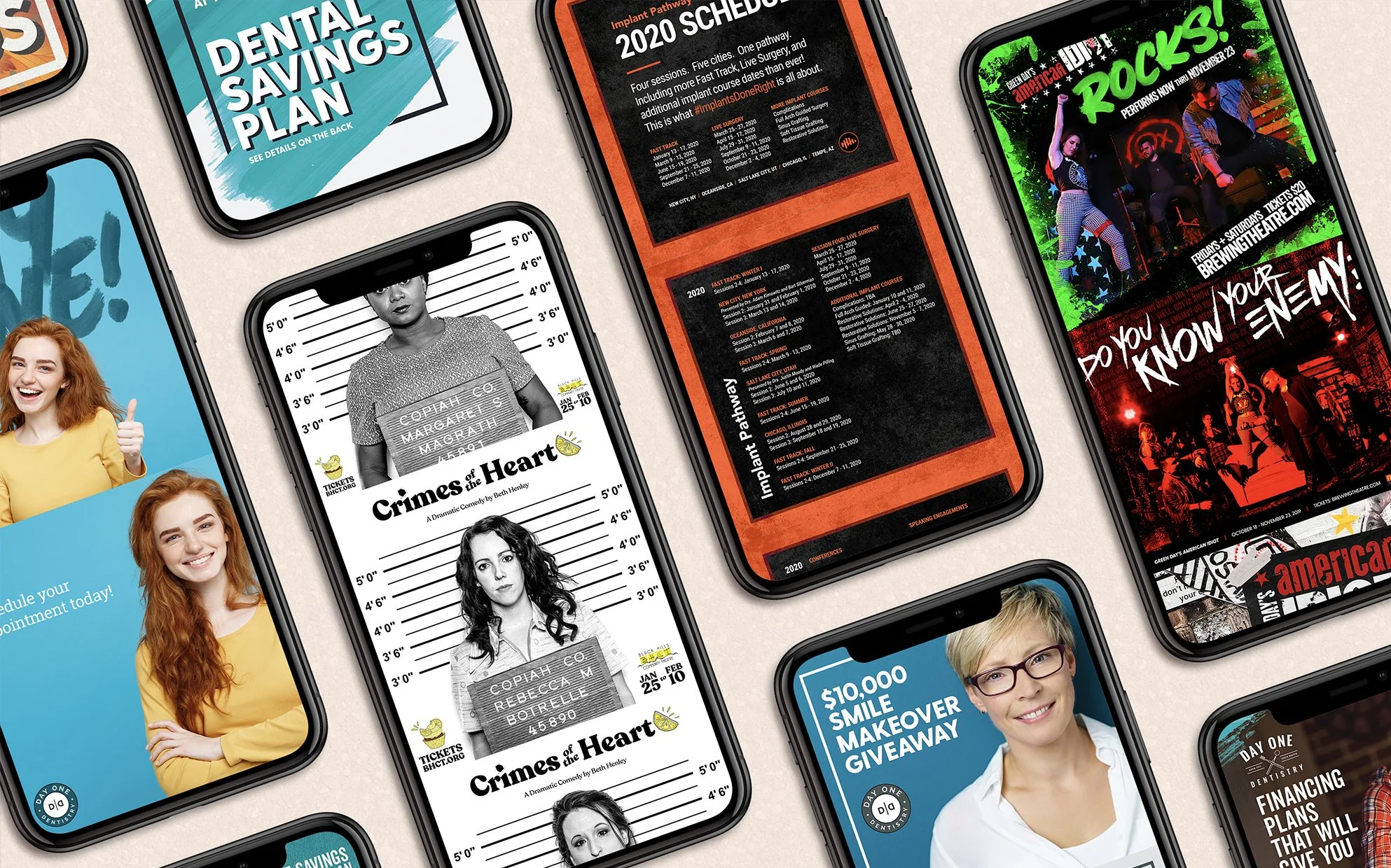 Multiple smartphones displaying various promotional graphics and event posters, including a dental savings plan, crimes of the heart play, an impeachment pathway schedule, a rock concert, and a smile makeover giveaway.