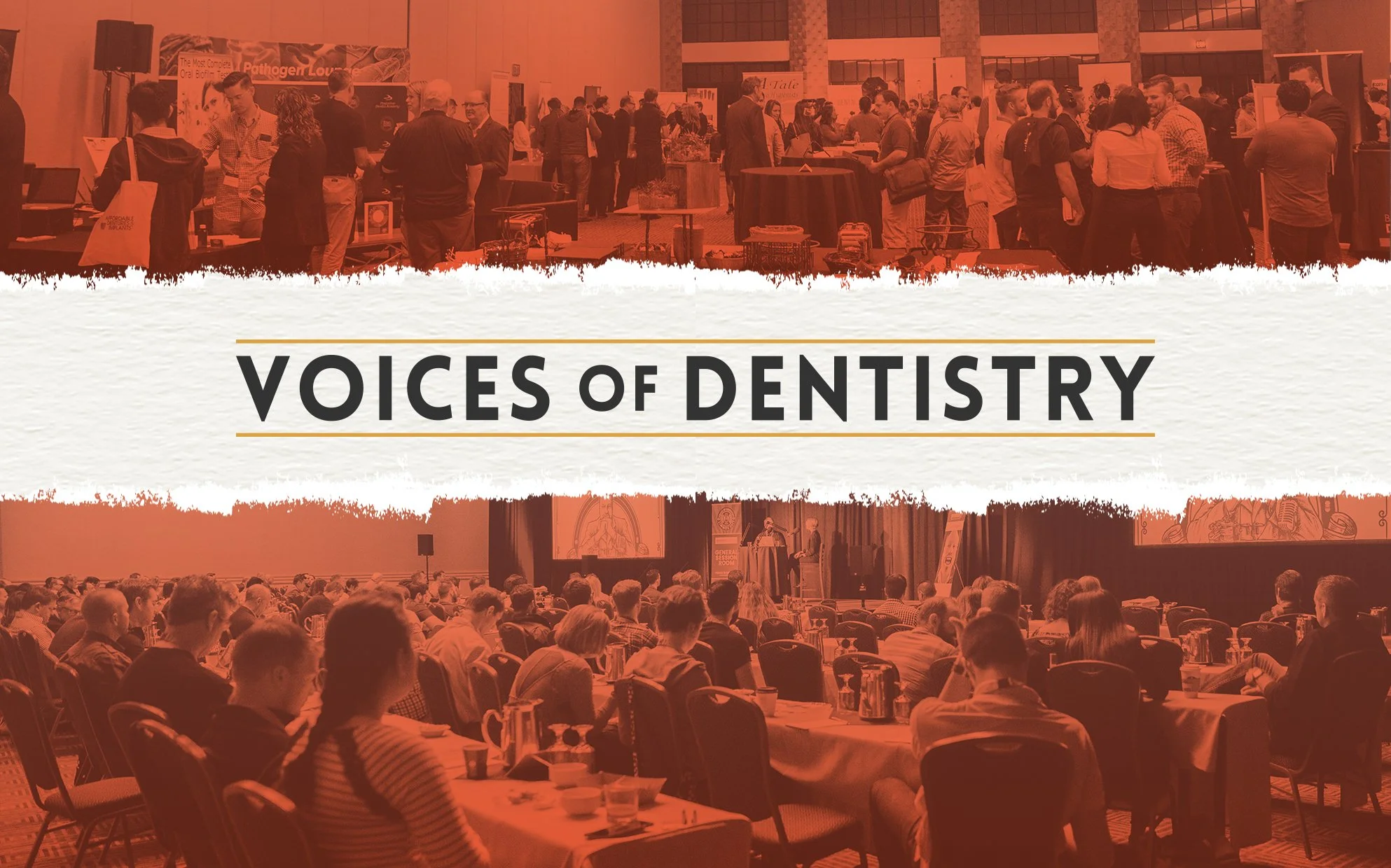 A conference or seminar with many attendees seated at tables and a large screen displaying the words 'VOICES OF DENTISTRY.'