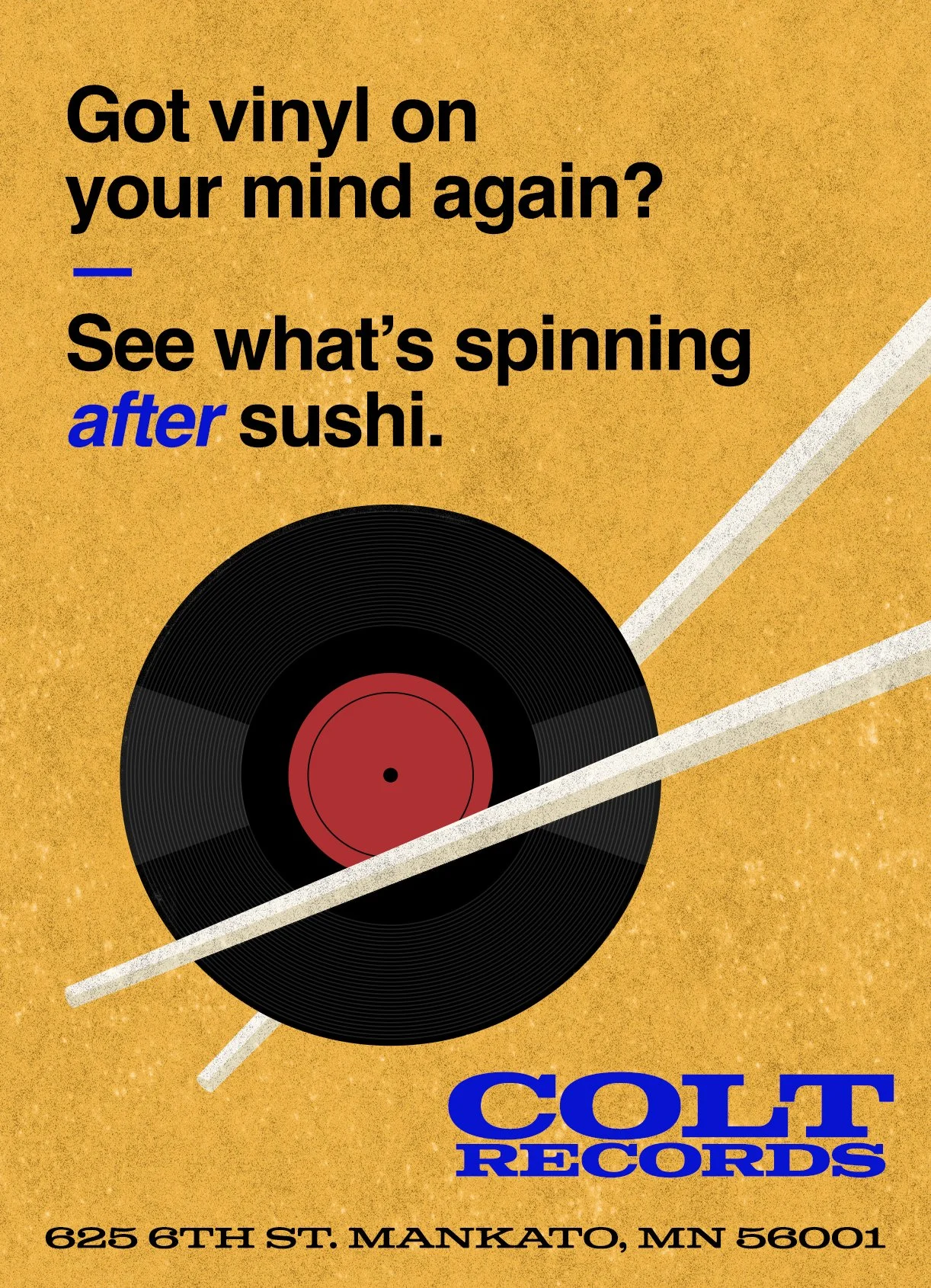 A promotional poster for Colt Records featuring a vinyl record, a stylized turntable tonearm, and the address 625 6th Street, Mankato, Minnesota.