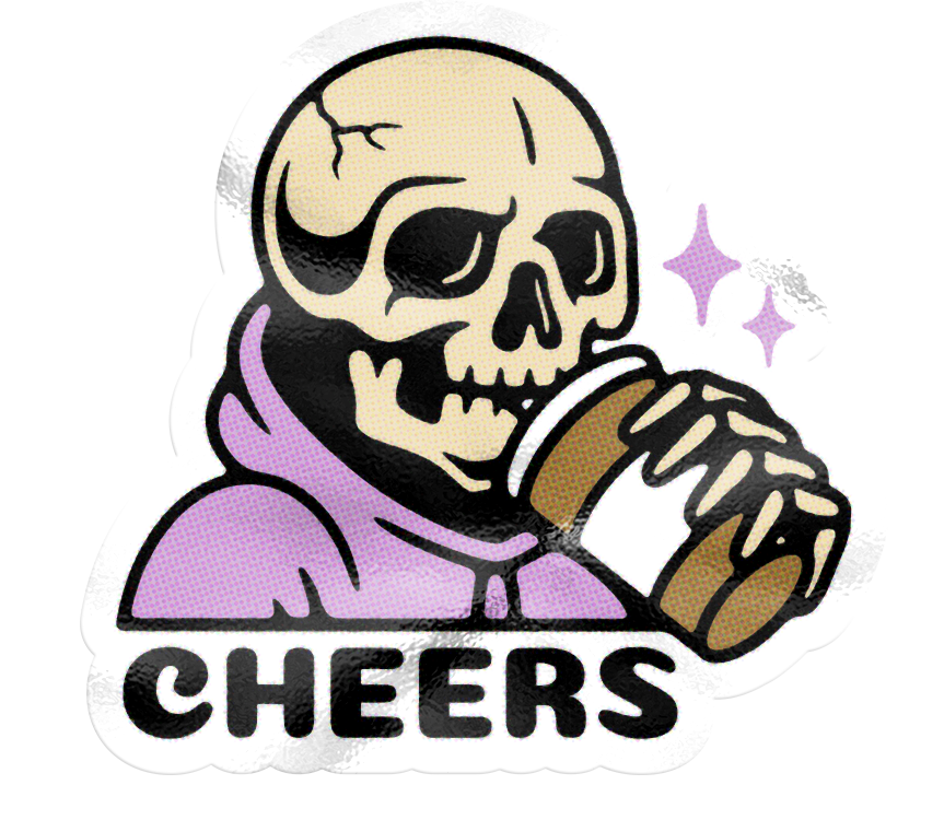 Cartoon skeleton with a skull face, wearing a purple hoodie, holding a coffee cup, with purple sparkles around, and the word 'CHEERS' written below.